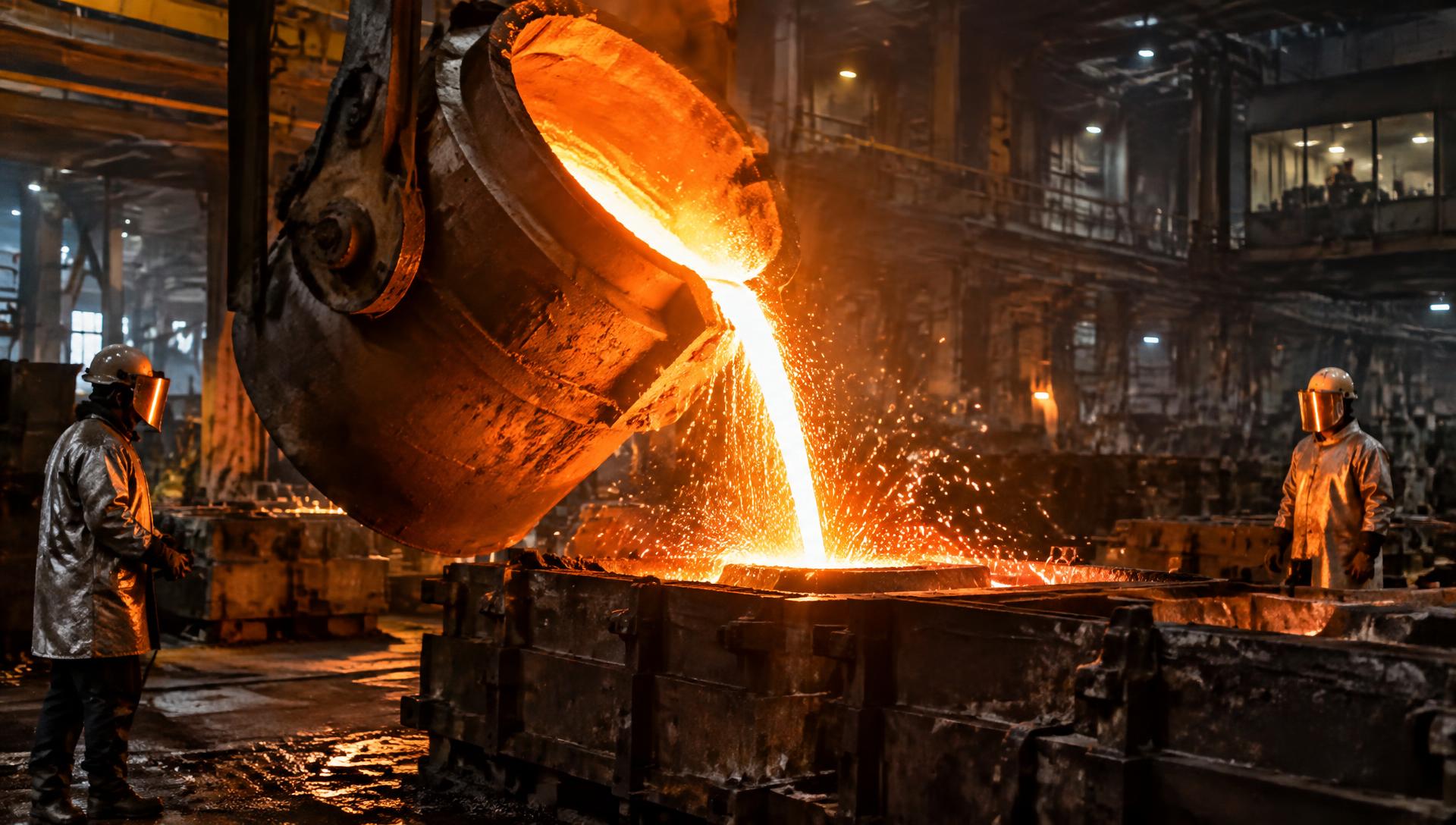 Molten aluminum poured from a foundry ladle